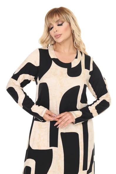 Melsay Butik Bej Picasso Desen Uzun Kollu Kadın Tesettür Elbise - 5