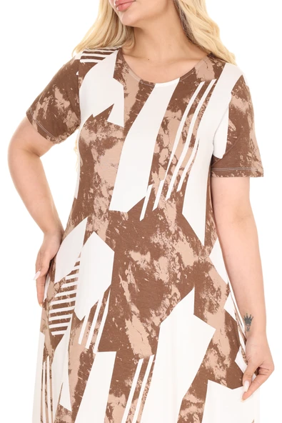 Melsay Butik Kahve Vintage Desen Asimetrik Kısa Kollu Elbise - Resim 6