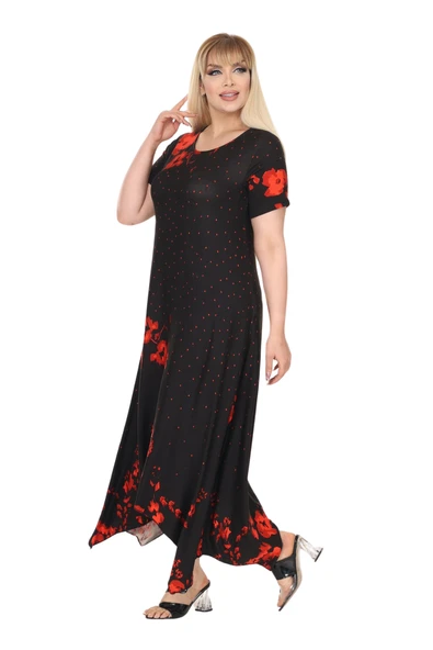 Melsay Butik Kırmızı Puanlı Gelincik Desen Asimetrik Kısa Kollu Elbise - Resim 3