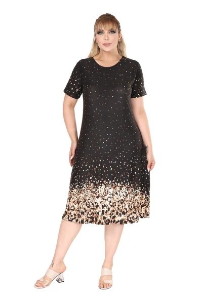 Melsay Butik Siyah Puanlı Leopar Desen A Kesim Midi Elbise ürün görseli