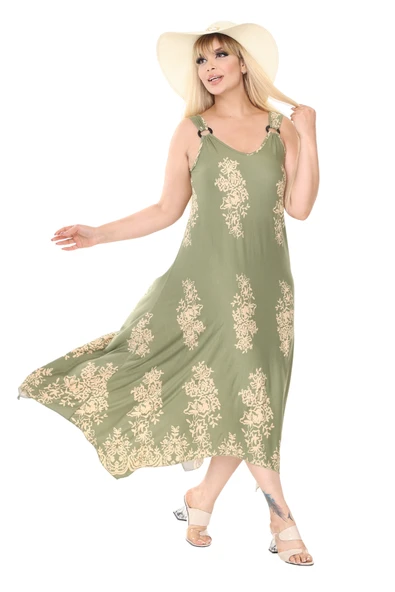 Melsay Butik Askılı V Yaka Haki Pano Desen Elbise - 1