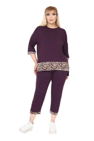Melsay Butik Mor Leopar Şeritli Büyük Beden Kadın Kapri Takımı - 3