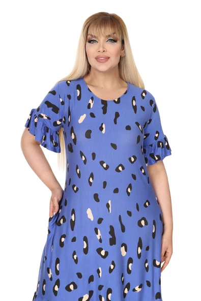 Melsay Butik Mavi Eteği Fırfırlı Sulu Leopar Desen Cepli Elbise - 5