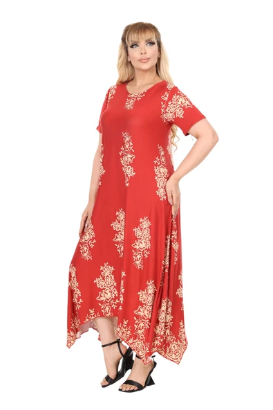 Melsay Butik Narçiçeği Pano Desen Asimetrik Kısa Kollu Elbise - Resim 2