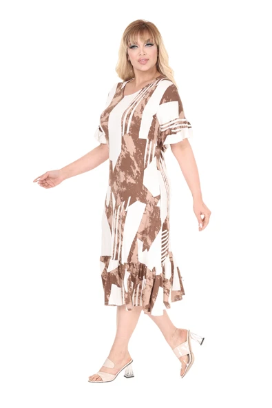 Melsay Butik Fırfırlı Kahve Vintage Desen Cepli Büyük Beden Elbise - Resim 2