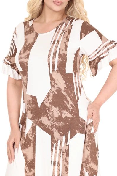 Melsay Butik Fırfırlı Kahve Vintage Desen Cepli Büyük Beden Elbise - Resim 6