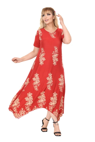 Melsay Butik Narçiçeği Pano Desen Asimetrik Kısa Kollu Elbise ürün görseli