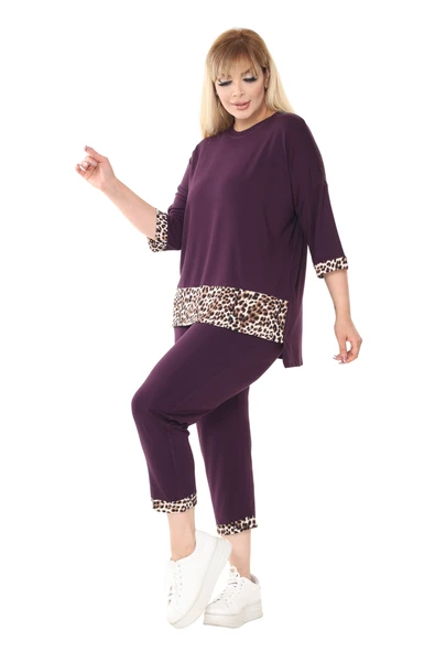 Melsay Butik Mor Leopar Şeritli Büyük Beden Kadın Kapri Takımı - 4