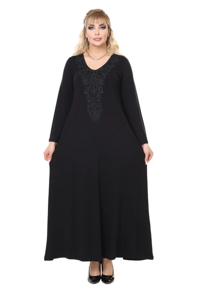 Melsay Butik Siyah Uzun Kollu Güpür Yaka Uzun Elbise - 3