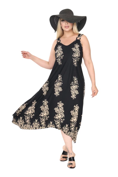 Melsay Butik Askılı V Yaka Siyah Pano Desen Elbise - 1