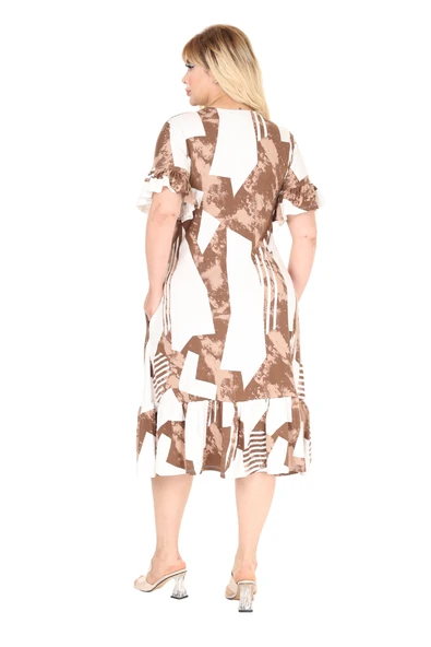 Melsay Butik Fırfırlı Kahve Vintage Desen Cepli Büyük Beden Elbise - Resim 5