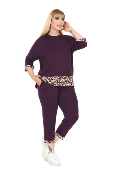 Melsay Butik Mor Leopar Şeritli Büyük Beden Kadın Kapri Takımı
