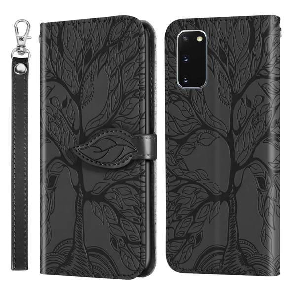 Samsung Galaxy S20 Ağaç Desenli Deri Kılıf - Siyah - Kart Yuvası ve Cüzdanlı