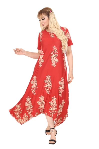 Melsay Butik Narçiçeği Pano Desen Asimetrik Kısa Kollu Elbise - Resim 3