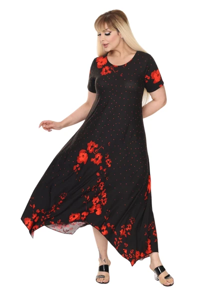 Melsay Butik Kırmızı Puanlı Gelincik Desen Asimetrik Kısa Kollu Elbise - Resim 4