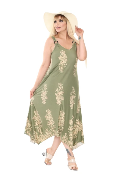 Melsay Butik Askılı V Yaka Haki Pano Desen Elbise - 5