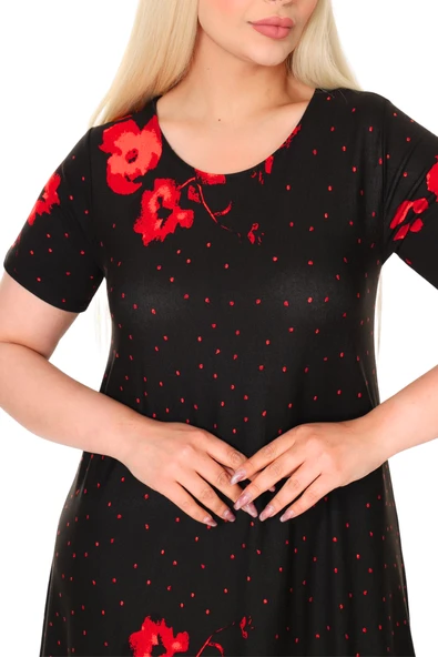 Melsay Butik Kırmızı Puanlı Gelincik Desen Asimetrik Kısa Kollu Elbise - Resim 5