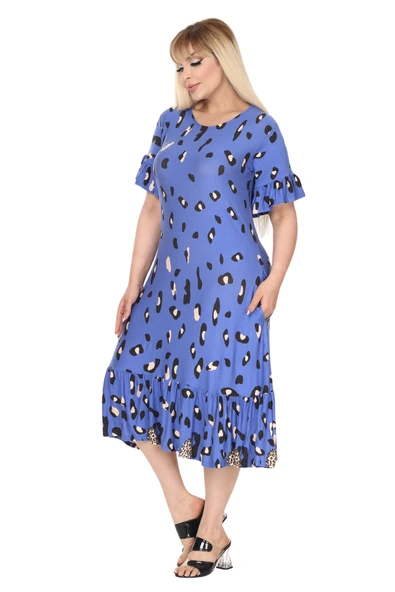 Melsay Butik Mavi Eteği Fırfırlı Sulu Leopar Desen Cepli Elbise - 4