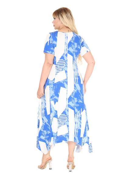 Melsay Butik Mavi Vintage Desen Asimetrik Kısa Kollu Elbise - 6