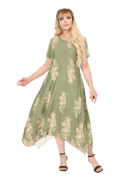 Melsay Butik Haki Pano Desen Asimetrik Kısa Kollu Elbise ürün görseli