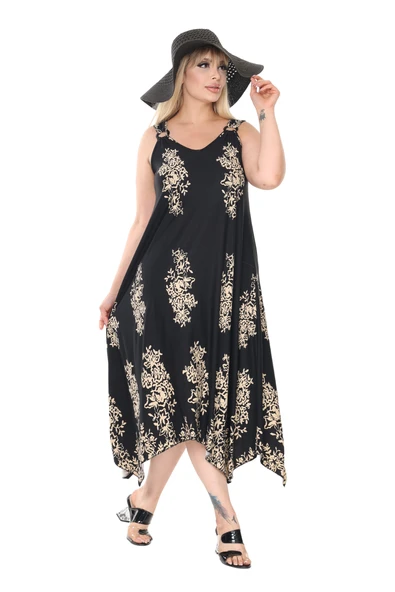 Melsay Butik Askılı V Yaka Siyah Pano Desen Elbise - 4