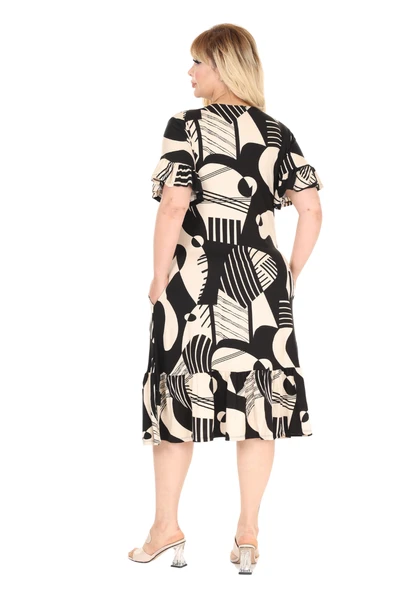 Melsay Butik Bej Barok Desen Eteği Fırfırlı Cepli Elbise - Resim 6