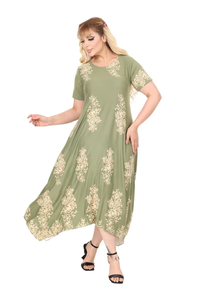 Melsay Butik Haki Pano Desen Asimetrik Kısa Kollu Elbise - Resim 2