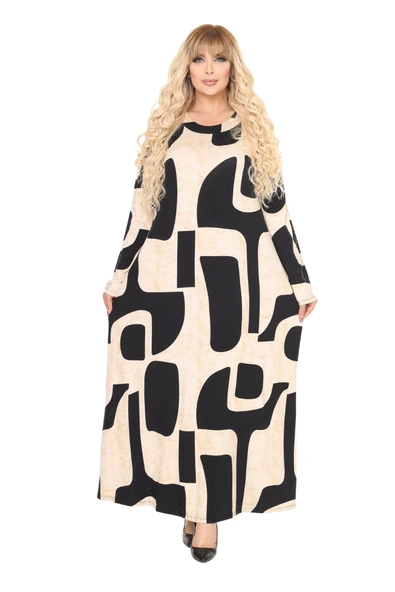 Melsay Butik Bej Picasso Desen Uzun Kollu Kadın Tesettür Elbise - 3