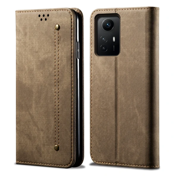 Denim Doku Katlanır Deri Telefon Kılıfı - Khaki - Redmi Note 12S