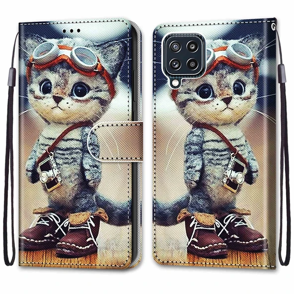 Samsung Galaxy M32 4G / F22 PU Deri Kılıf - Çizgili Desen - Ayakkabı Kedisi - 2