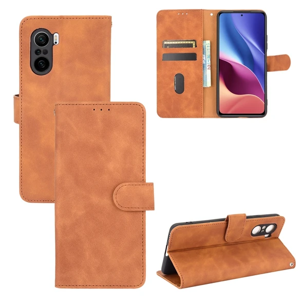 Xiaomi Redmi K40 K40 Pro PU Deri Kılıf - Kahverengi - Manyetik Klipsli - Kart Yuvalı