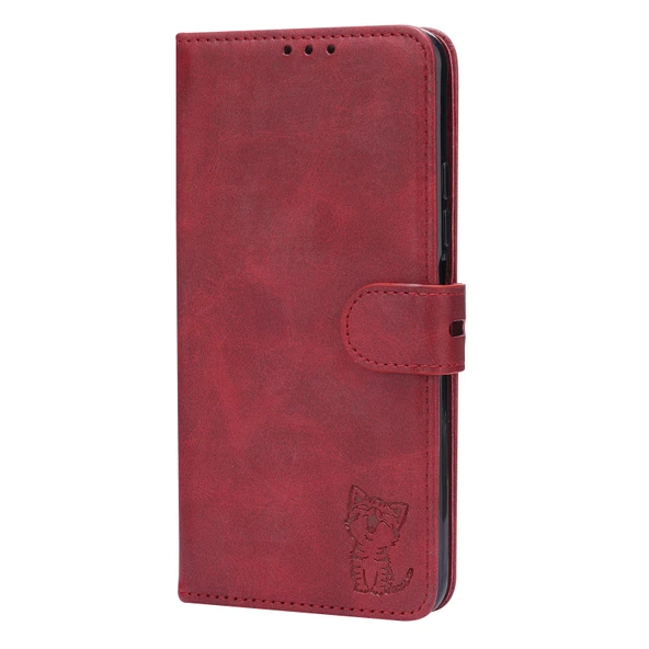 Xiaomi Mi 11 Lite Deri Kılıf - Kırmızı - 3D Mutlu Kedi Desenli - Kart Yuvalı ve Cüzdanlı - Resim 2