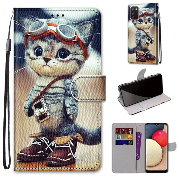Samsung Galaxy A02s / M02s Deri Ayakkabı Kedi Desenli Dikey Flip Kılıf - Kart Yuvalı ve Askılı
