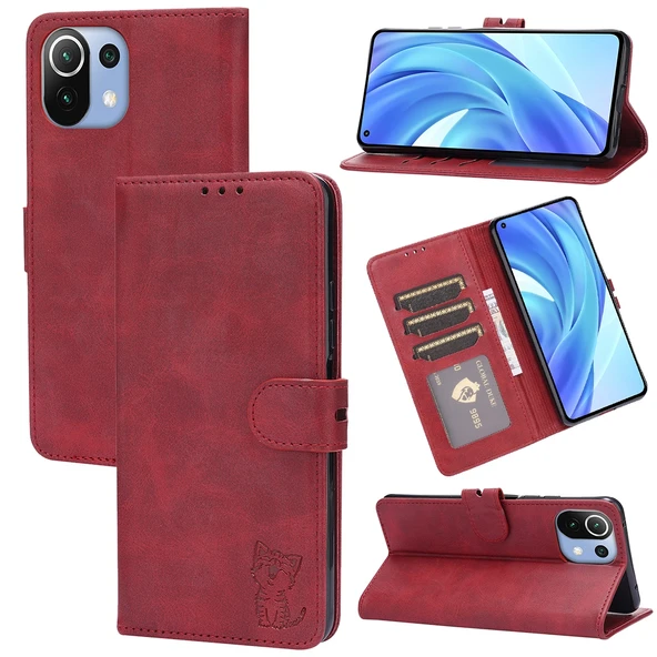 Xiaomi Mi 11 Lite Deri Kılıf - Kırmızı - 3D Mutlu Kedi Desenli - Kart Yuvalı ve Cüzdanlı