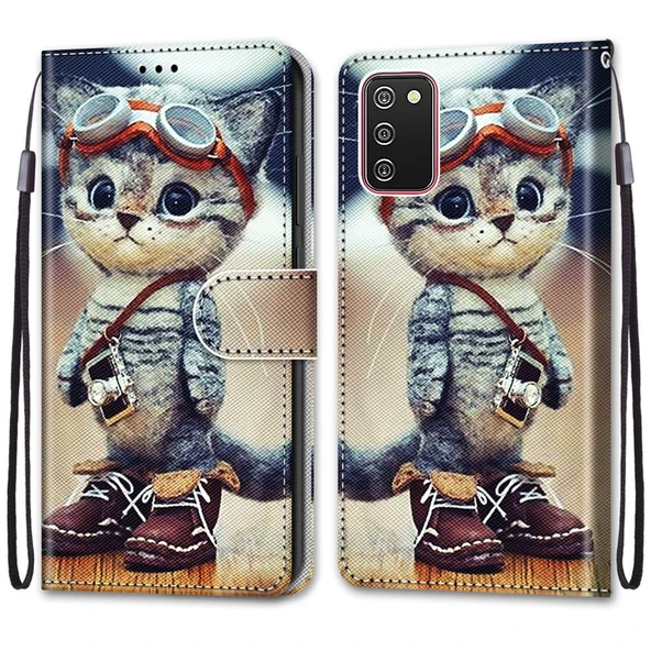 Samsung Galaxy A02s / M02s Deri Ayakkabı Kedi Desenli Dikey Flip Kılıf - Kart Yuvalı ve Askılı - 2
