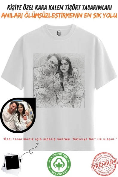 Kişiye Özel Karakalem Tişört | Fotoğraftan Baskı | Aile Evcil Hayvan Tasarım | %100 Pamuk Unisex Beyaz v1 - 3