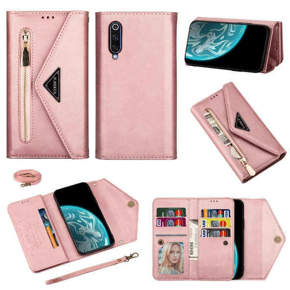 Xiaomi Mi 9 Deri Kılıf - Pembe Altın - Zipper Tasarım - Kart Yuvası ve Fotoğraf Çerçevesi ile