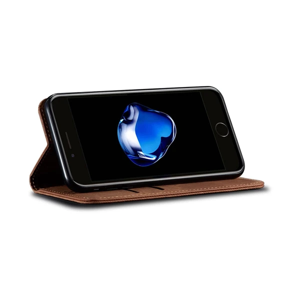 Deri Telefon Kılıfı - iPhone 7 Plus / 8 Plus - Kahverengi - Denim Doku - Yatay Flip - Resim 6