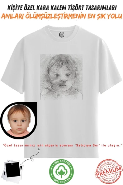Kişiye Özel Karakalem Tişört | Fotoğraftan Baskı | Aile Evcil Hayvan Tasarım | %100 Pamuk Unisex Beyaz v8 - 8