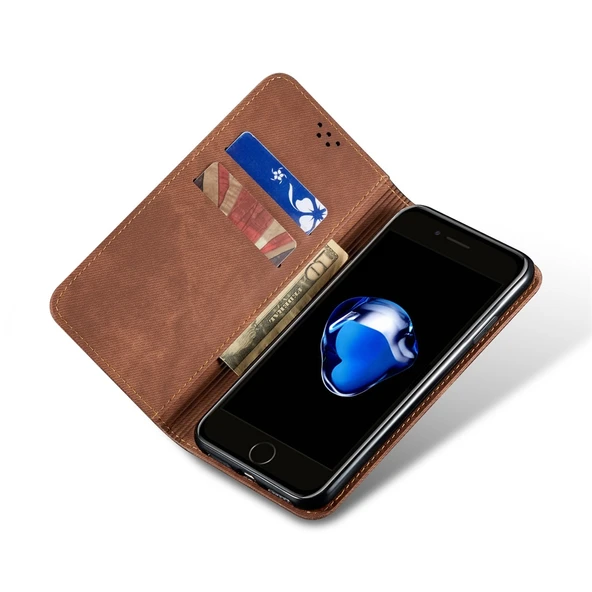 Deri Telefon Kılıfı - iPhone 7 Plus / 8 Plus - Kahverengi - Denim Doku - Yatay Flip - Resim 5