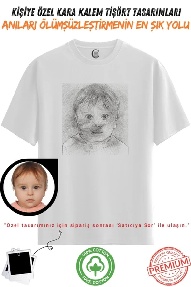 Kişiye Özel Karakalem Tişört | Fotoğraftan Baskı | Aile Evcil Hayvan Tasarım | %100 Pamuk Unisex Beyaz v5