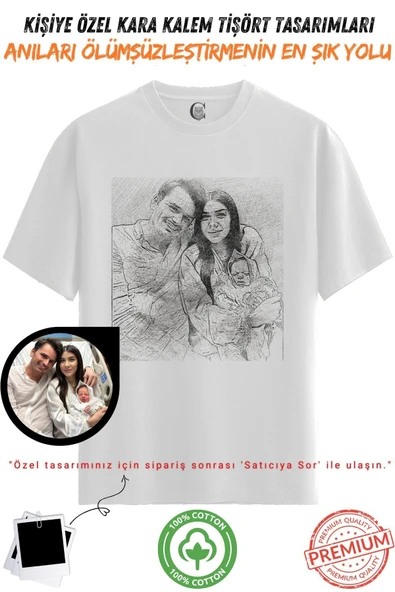 Kişiye Özel Karakalem Tişört | Fotoğraftan Baskı | Aile Evcil Hayvan Tasarım | %100 Pamuk Unisex Beyaz v8 - 6