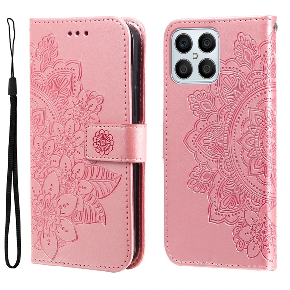 Yedi Yapraklı Çiçek Desenli Deri Telefon Kılıfı - Rose Gold - Honor X6/X8 5G