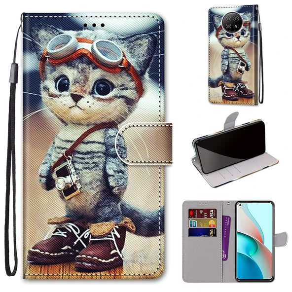 Xiaomi Redmi Note 9 5G / Note 9T Deri Ayakkabı Kedi Desenli PU Deri Kılıf - Yatay Flip - Kart Yuvalı