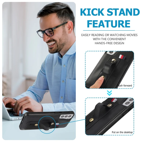 Samsung Galaxy S21 FE 5G Deri Cüzdan Kılıf - Siyah - Kayışlı - Resim 6