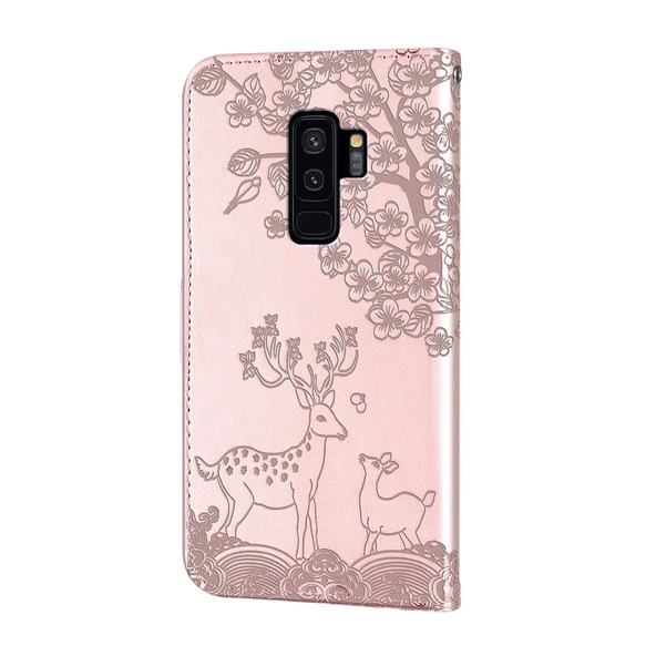 Samsung Galaxy S9 Plus Sika Geyik Kabartma Desenli PU Deri Kılıf - Rose Gold - Resim 3