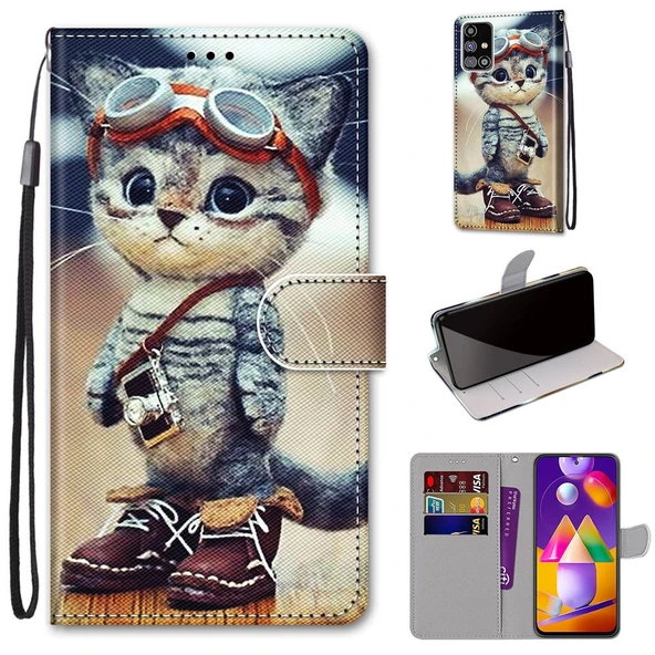 Samsung Galaxy M31s PU Deri Kılıf - Kedi Desenli