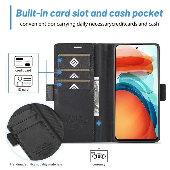 Xiaomi Redmi Note 10 Pro/Pro Max Manyetik Tokalı PU TPU Dikey Flip Deri Kılıf - Siyah - Resim 6