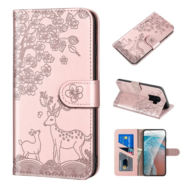 Samsung Galaxy S9 Plus Sika Geyik Kabartma Desenli PU Deri Kılıf - Rose Gold