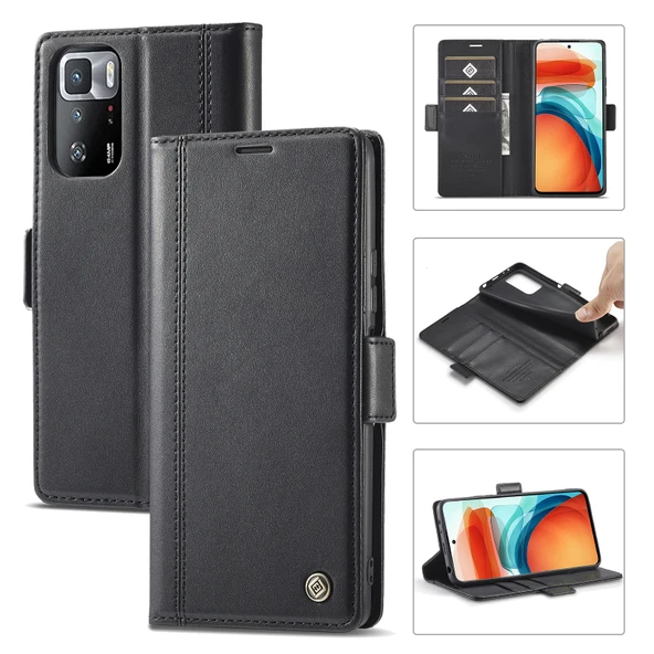 Xiaomi Redmi Note 10 Pro/Pro Max Manyetik Tokalı PU TPU Dikey Flip Deri Kılıf - Siyah